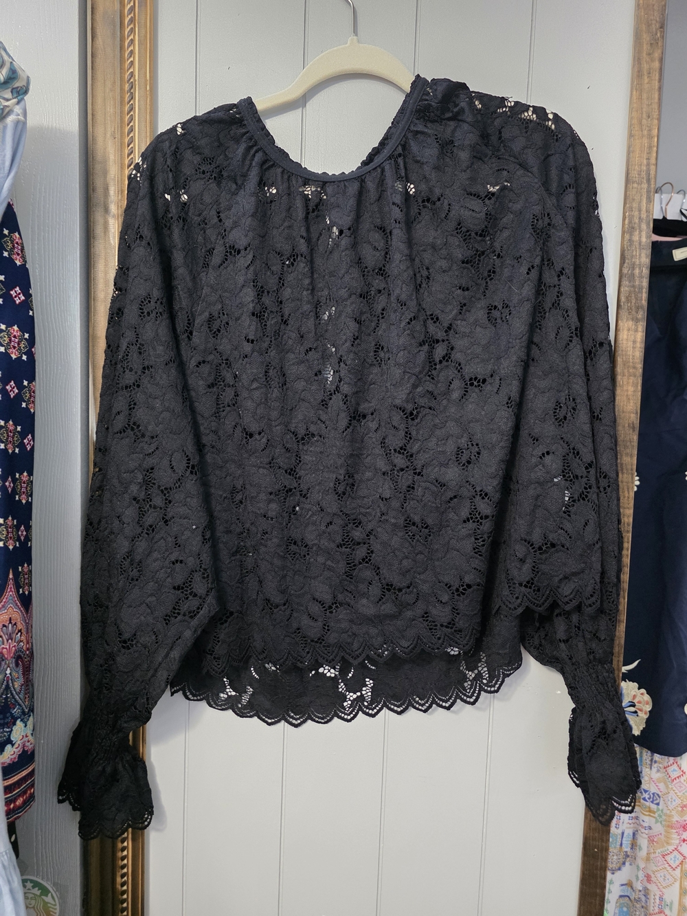 Free People Black Floral Lace Peasant Blouse